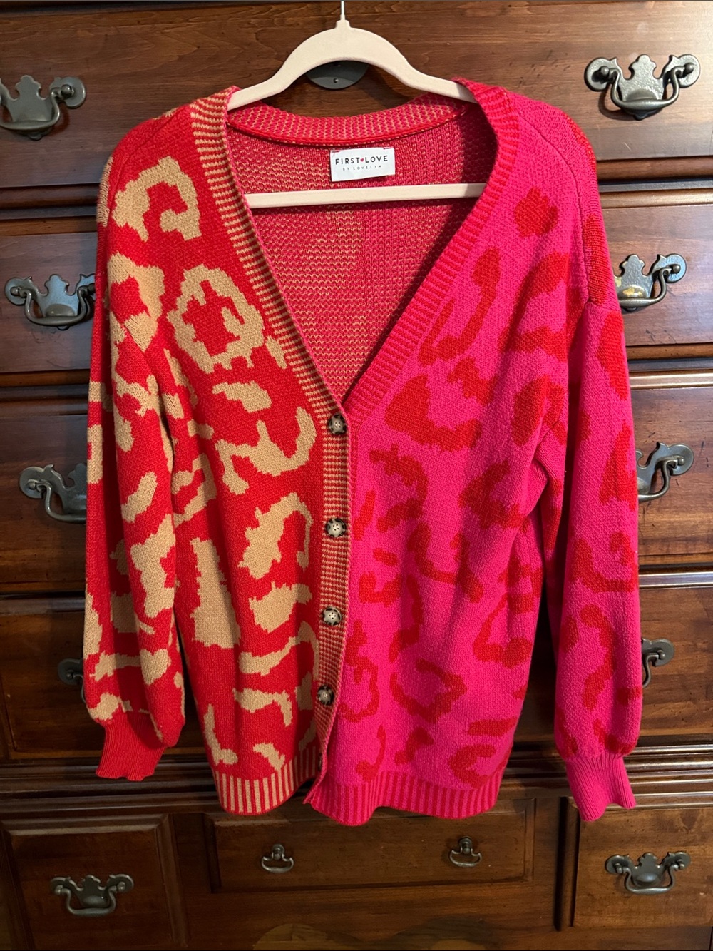 First Love Red and Pink Leopard-Print V-Neck Button Cardigan